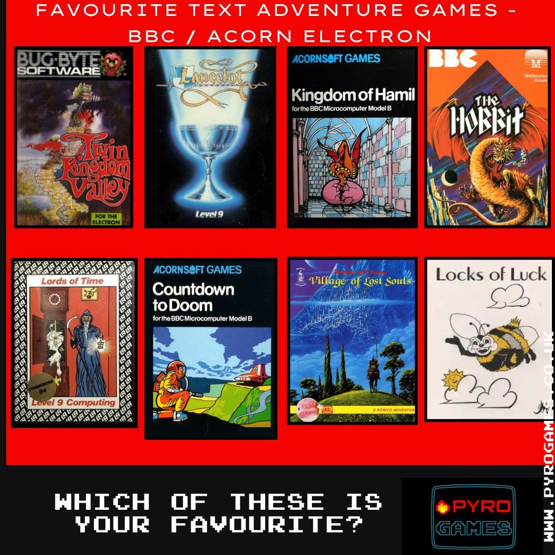 PyroGames8's tweet image. This one's a little more niche than usual - what was your favourite text adventure on the BBC or Acorn Electron? Here are some of ours, with our top fave Twin Kingdom Valley in there, which we've been playing recently.
#bbccomputer #acornelectron #retrogames #textadventures