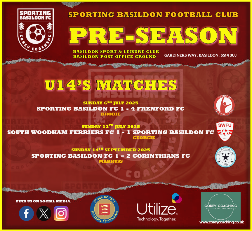 S_Basildon_FC's tweet photo. β½οΈ U14's Pre-Season β½οΈ
The U14's results during Pre-Season.
Some tough opposition various leagues.
With many players on holiday, it was heard to get a run of matches. Let's see what the season brings.
β½οΈπ₯π©
#SBFC #SportingBasildonFC @Corey_Coaching @Utilize_PLC https://t.co/9NpusuhpZQ