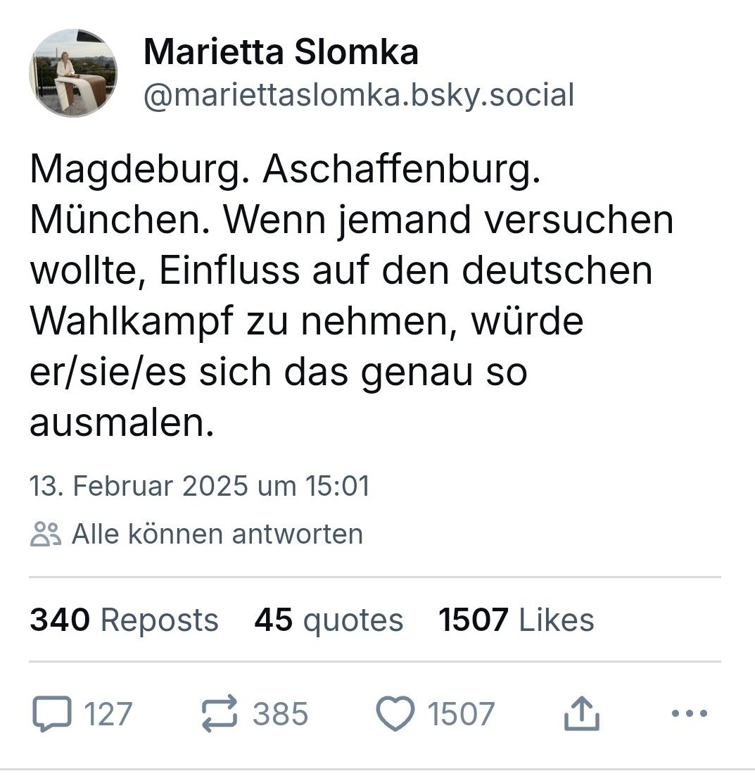 #Slomka vom #OERR verbreitet wieder Verschwörungstheorien auf #bluesky und wittert bzgl. #Thevessen und #Hayali eine "orchestrierte Kampagne". Das erinnert an ihren Post vom Frühjahr vor der #BTW,wo sie sich zu den Anschlägen Ähnliches zusammengesponnen hatte. #ZDF #GEZabschaffen