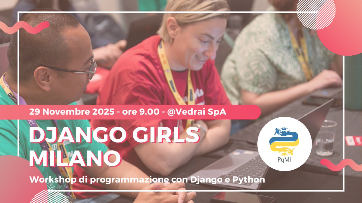 djangogirls IT (@djangogirlsit) on Twitter photo 🚀 Vuoi scoprire la programmazione? il 29 Novembre a Milano c’è #DjangoGirls: workshop gratuito per imparare Python & Django da zero, organizzato con <a href="/PythonMilano/">PyMI - Python Milano</a>🤩
⏰ Iscrizioni fino al 10 Novembre. Candidati 👇
🔗 djangogirls.org/en/milano/appl…
#djangogirlsmilano #pythonlearning 🚀 Vuoi scoprire la programmazione? il 29 Novembre a Milano c’è #DjangoGirls: workshop gratuito per imparare Python & Django da zero, organizzato con <a href="/PythonMilano/">PyMI - Python Milano</a>🤩
⏰ Iscrizioni fino al 10 Novembre. Candidati 👇
🔗 djangogirls.org/en/milano/appl…
#djangogirlsmilano #pythonlearning