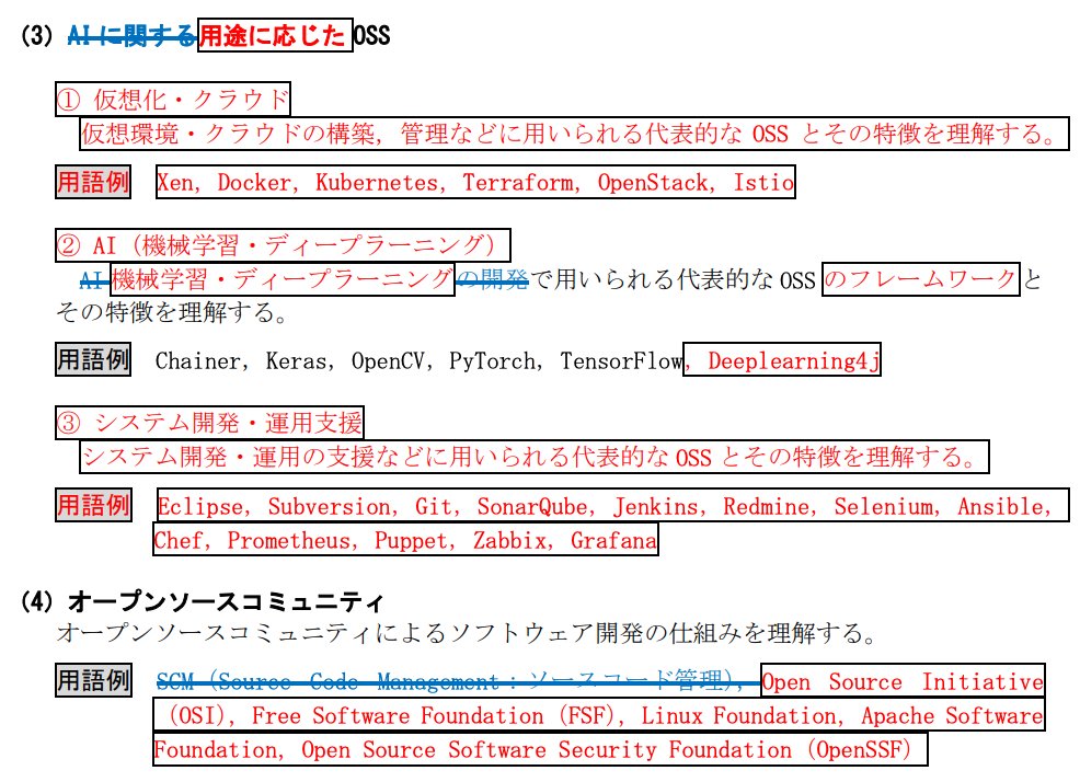 hpeo_jp's tweet image. 応用情報対策で過去問を解くのに飽きたら、ちょっとシラバス（変更箇所表示版）を覗いてみましょう。赤字部分は、見たことないワードが目白押しだと思います。試験では毎回新しい用語が出題されてザワザワしますが、だいたい既にシラバスに載ってます。
