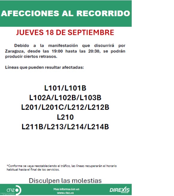 📢‼️Afecciones por manifestación en Zaragoza 
📅jueves, 18 SEP
🕑de 19:00 a 20:30 aprox
🚍 Líneas <a href="/CTAZgz/">CTAZ</a>