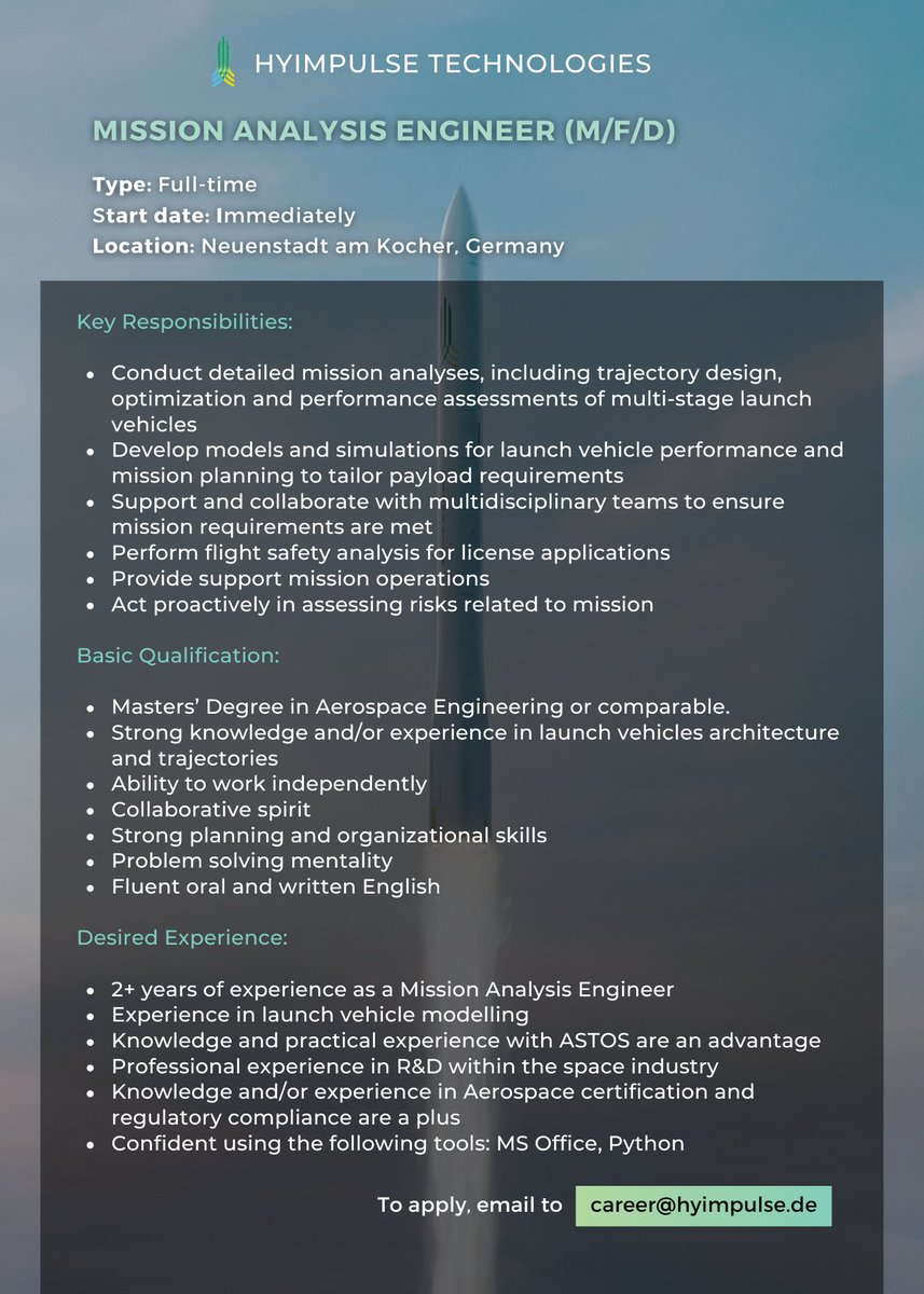 HyImpulseTech's tweet image. #JobAlert
We&apos;re Hiring!🚀
Join #HyImpulse to revolutionize the future of space access.

Ready to take off?
🔗 hyimpulse.de/en/career
✉️ Send an email to career@hyimpulse.de

#WeAreHiring #NewSpace #SpaceTechnology