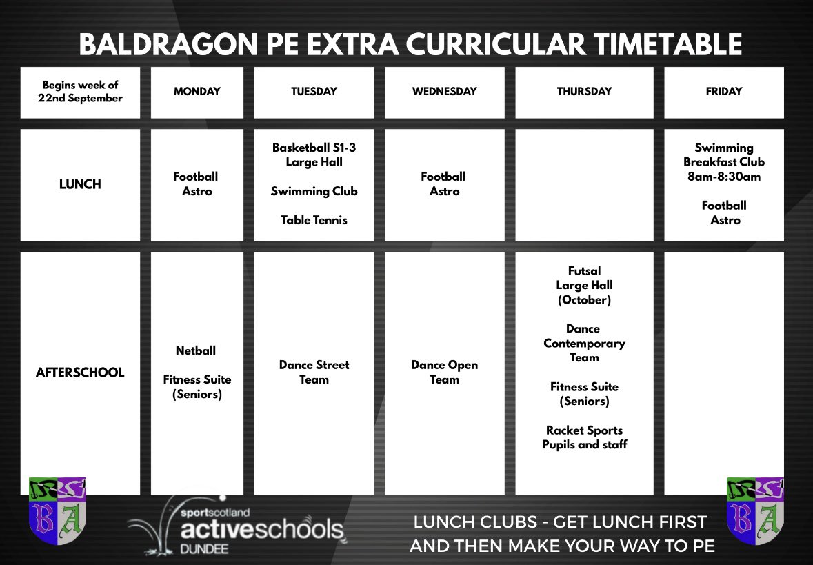 Baldragon sports clubs starting next week!

We have lots on offer and lunchtimes and after school 

Come along and have a go 🙌🏼😎

🏐🏸🏊‍♂️🏋🏽‍♀️🏓🕺
