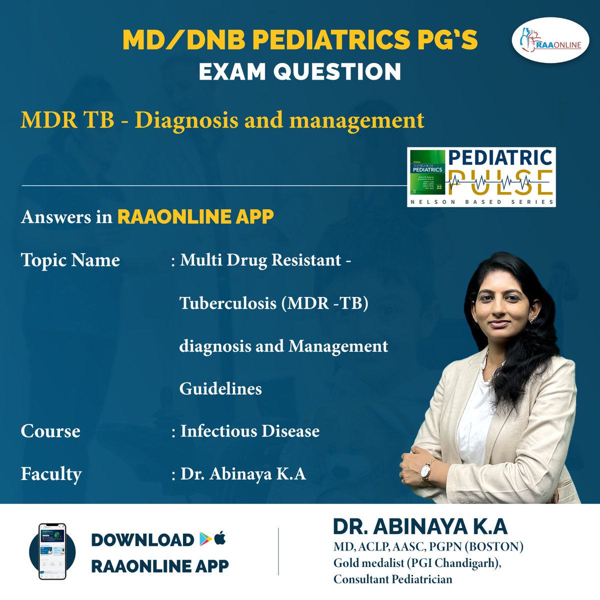 Raaonline's tweet image. Pediatrics PG's Exam Question - Multi-Drug Resistant Tuberculosis (MDR-TB) diagnosis and Management Guidelines by Dr. K. A. Abinaya on the RAAONLINE App.
Android: play.google.com/store/apps/det…
IOS: apps.apple.com/in/app/raaonli…
Contact: +91-9994994266
#Raaonline #students #videolectures