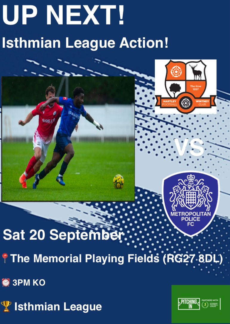 Met Police FC (@metpolicefc) on Twitter photo UP NEXT!
Back In League Action Again On Saturday With A Visit To โฆ<a href="/HartleyFC/">Hartley Wintney FC</a>
See You There Blues ๐ฎโโ๏ธโฝ๏ธ๐ช
๐ธ Neil Kempโฉ
#UPTHEMET
โฆ<a href="/IsthmianLeague/">The Pitching In Isthmian League</a>โฉ UP NEXT!
Back In League Action Again On Saturday With A Visit To โฆ<a href="/HartleyFC/">Hartley Wintney FC</a>
See You There Blues ๐ฎโโ๏ธโฝ๏ธ๐ช
๐ธ Neil Kempโฉ
#UPTHEMET
โฆ<a href="/IsthmianLeague/">The Pitching In Isthmian League</a>โฉ