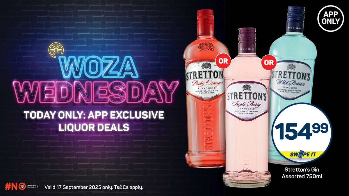 Get Stretton’s Gin Assorted 750ml for ONLY R154.99!

Shop NOW! 📲

*Valid 17 September 2025 only. Ts&amp;Cs apply. 🔞

#WozaWednesday #AppOnly