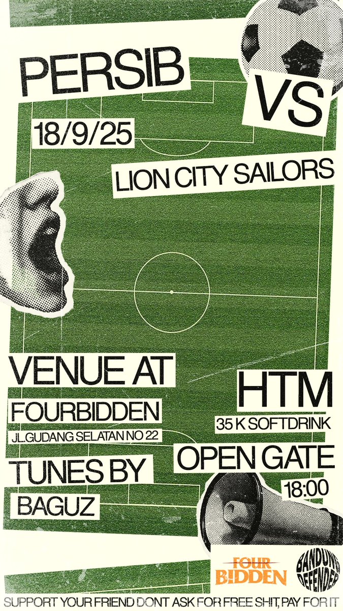 BANDUNG DEFENDER
Proudly present

ACL 2

1933 Vs Lion City Sailors

18/9/2025
Open gate : 18.00

Lead by :  Bagus

At Fourbidden 
Gudang Selatan 22, Bandung

“Support Your Friend Don’t Ask For Free Shit, Pay For It.”

#NobarPersib
