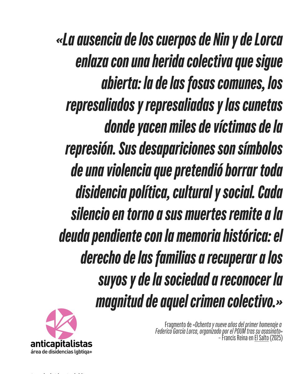 «La militancia poumista convirtió el teatro y la cultura en un espacio de resistencia, reivindicando al poeta como una de las primeras víctimas del fascismo y como una voz legítima de la cultura proletaria» ✊🏾

🗞️  Leed a nuestro compa Francis en: elsaltodiario.com/memoria-histor…