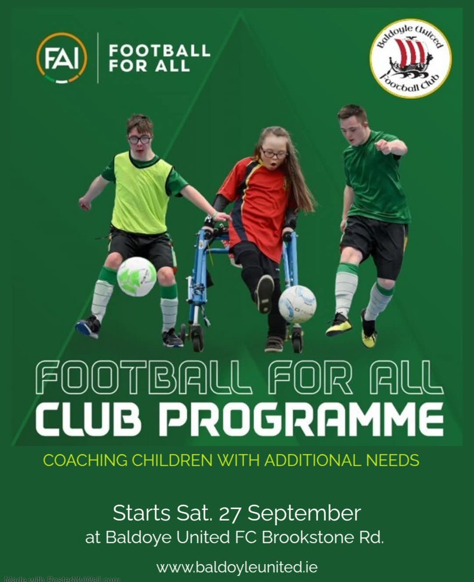 ⚽️ 𝗙𝗢𝗢𝗧𝗕𝗔𝗟𝗟 𝗙𝗢𝗥 𝗔𝗟𝗟 𝗕𝗔𝗟𝗗𝗢𝗬𝗟𝗘 
6 week programme for children with special needs.

Register: shorturl.at/hbNXc

<a href="/StMichaelsHouse/">St. Michael's House</a> <a href="/robbiekane74/">Robbie Kane</a> <a href="/FAIFingal/">FAI Fingal</a>