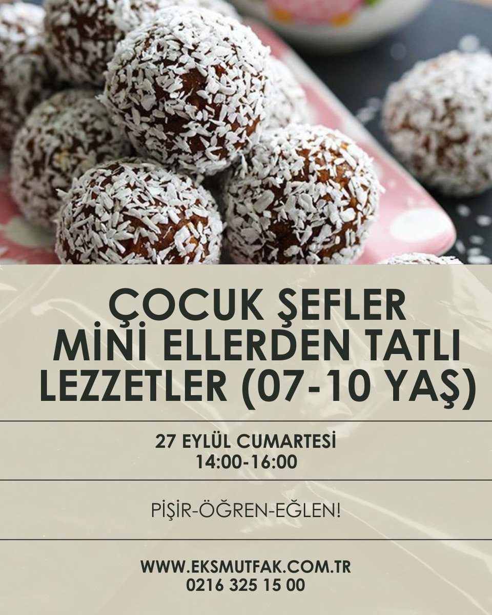 Sevdiklerinizde keyifli vakit geçirmek, yeni bir hobi edinmek, kendinizi mutfakta geliştirmek istiyorsanız bu haftaki workshop takvimimiz sizin için!

  🍫24 Eylül Çarşamba: Artizan Çikolata
🍔 25 Eylül Perşembe: EKS Burger
🍪 27 Eylül Cumartesi: Çocuk Şefler Mini Ellerden Tatlı