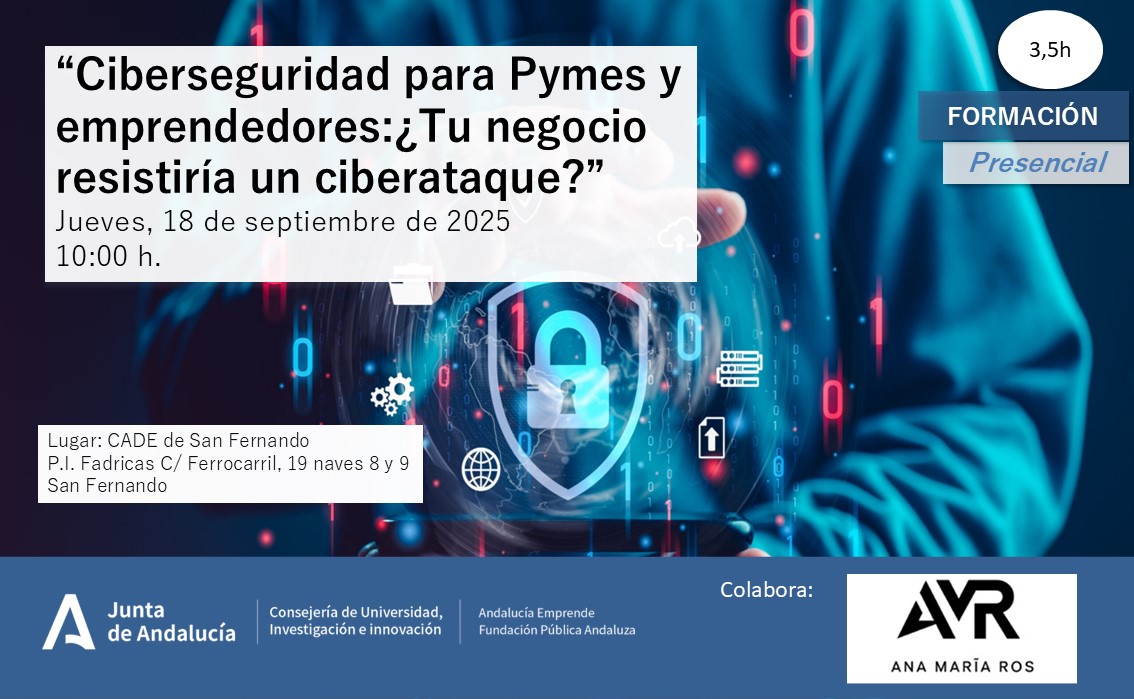 El próximo jueves 18 de septiembre a las 10:00 h. en el Cade de San Fernando tendrá lugar la impartición de una jornada sobre Ciberseguridad para pymes y emprendedores.
PLAZAS LIMITADAS
Inscripción: forms.gle/unZWUYJyEAXEv4…