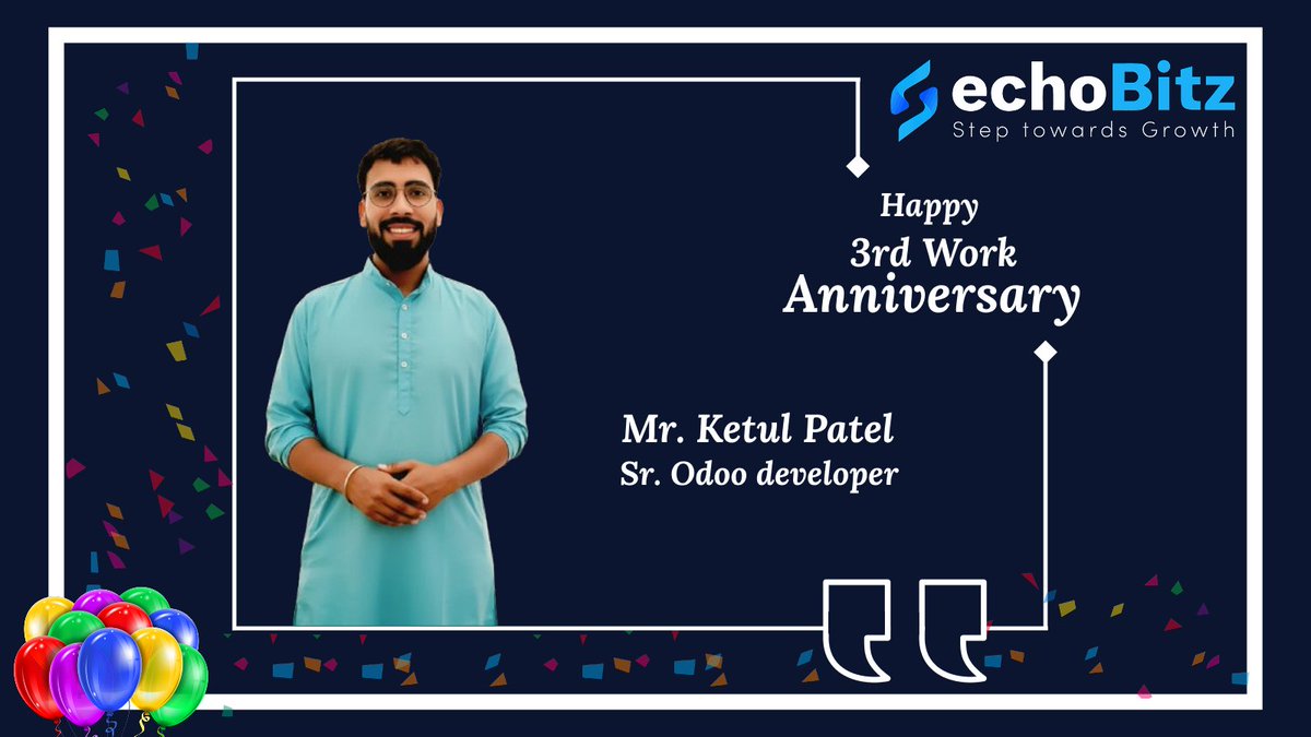 echoBitzIT's tweet image. 🎉 Celebrating 3 amazing years! 🎉
Congrats to Mr. Ketul Patel, our Sr. Odoo Developer at @echoBitz 🚀
Your dedication & expertise fuel our journey towards growth. 💡
Here’s to more success & milestones ahead! 🥂
#echoBitz #WorkAnniversary #OdooDeveloper #TeamGrowth
