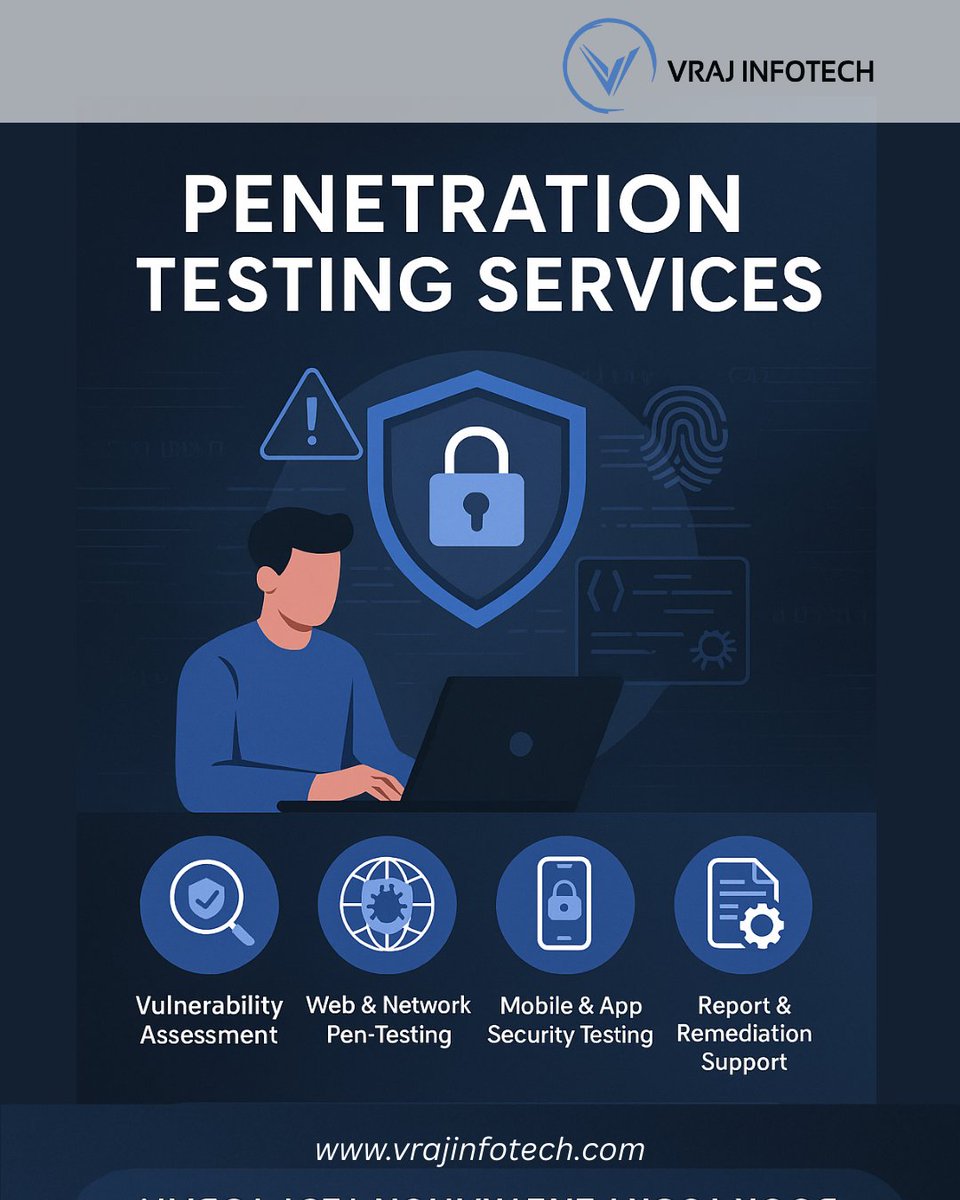 🔐 Strengthen your defenses with Vraj Infotech! ✅ Vulnerability Assessment ✅ Web &amp; Network Pen-Testing ✅ Mobile Security Testing ✅ Remediation Support 🌐 vrajinfotech.com #PenTesting #CyberSecurity #DataProtection