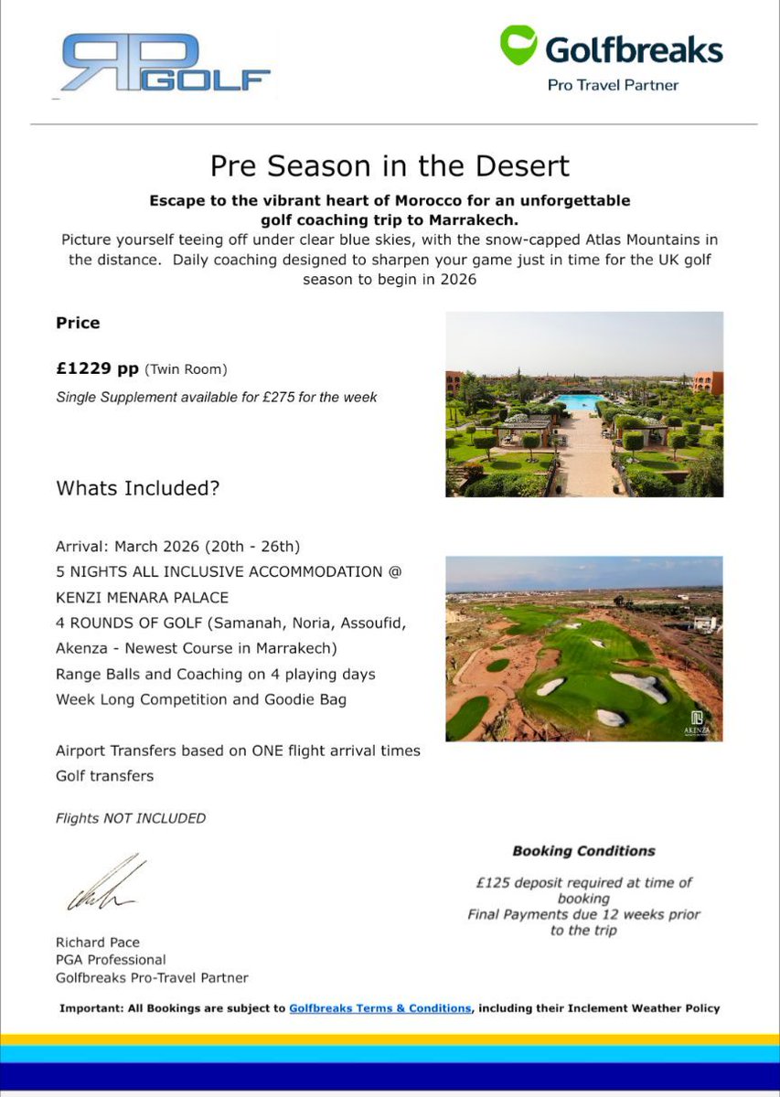 Just 3 places left on my Pre-Season trip to Morocco 🇲🇦 ☀️

5 nights All-inclusive 
4 rounds of Golf 🏌️‍♂️
Daily Coaching

Start your golf season off the best way

<a href="/hornseagolfclub/">Hornsea Golf Club</a>