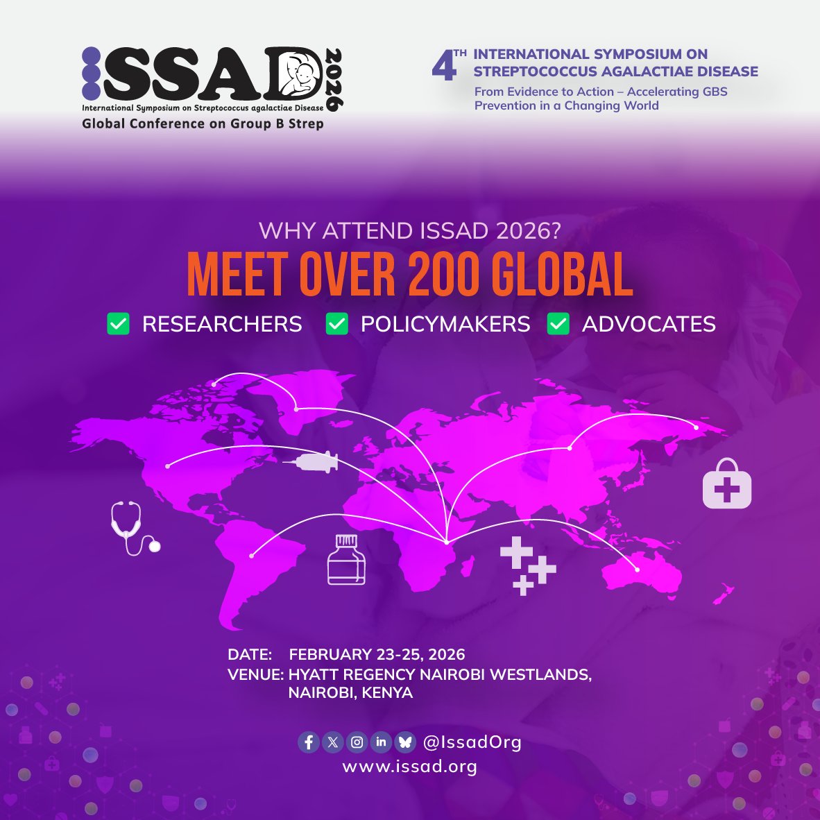 IssadOrg's tweet photo. Why attend ISSAD 2026?
Be part of the action, Accelerating GBS Prevention in a Changing World.
✅ Researchers ✅ Policymakers ✅ Advocates 

Nairobi, Feb 23–25, 2026 | 👉 https://t.co/FdGpJelSjh 

#issad2026 #FromEvidencetoAction #GBS #research #MaternalHealth #GlobalHealthcare https://t.co/UACOUci9rb