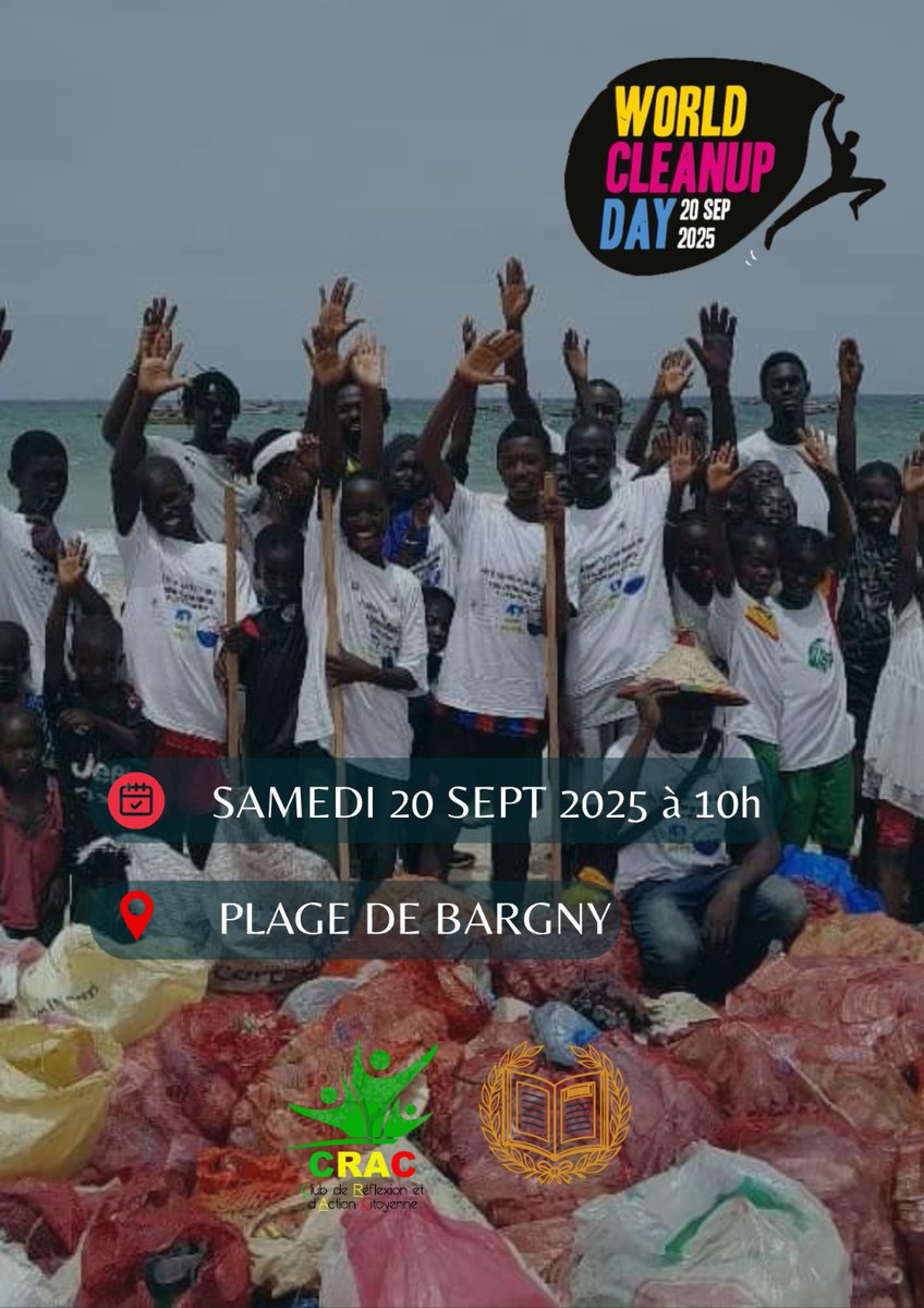Medza Ndoye (@medzaproduction) on Twitter photo #WorldCleanupDay 2025
Le 20 sept à 10h, RDV à la plage de #Bargny !
L’Institution Islamique Sociale & le <a href="/crac02/">Club de Reflexion d'Action Citoyenne (CRAC)</a> unissent leurs forces pour un littoral plus propre.
Enfants & jeunes bienvenus
#EngagementCitoyen #ZéroDéchet
<a href="/WorldCleanupDay/">World Cleanup Day</a>
<a href="/UN/">United Nations</a>
<a href="/UNEP_Francais/">Programme des Nations Unies pour l’environnement</a>
#kebetu #WorldCleanupDay 2025
Le 20 sept à 10h, RDV à la plage de #Bargny !
L’Institution Islamique Sociale & le <a href="/crac02/">Club de Reflexion d'Action Citoyenne (CRAC)</a> unissent leurs forces pour un littoral plus propre.
Enfants & jeunes bienvenus
#EngagementCitoyen #ZéroDéchet
<a href="/WorldCleanupDay/">World Cleanup Day</a>
<a href="/UN/">United Nations</a>
<a href="/UNEP_Francais/">Programme des Nations Unies pour l’environnement</a>
#kebetu