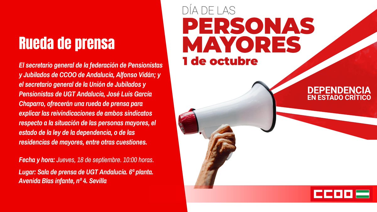 🗓️AGENDA | Analizamos en RP la situación de las personas mayores y el estado de la dependencia.
Intervienen los SG de la Fed. de Pensionistas y Jubilados de <a href="/ccooandalucia/">CCOO de Andalucía</a>, Alfonso Vidán; y de la Unión de Jubilados y Pensionistas <a href="/UGT_Andalucia/">UGT Andalucia</a>, José Luis García.
🗓️18/09 ⏰10:00h
