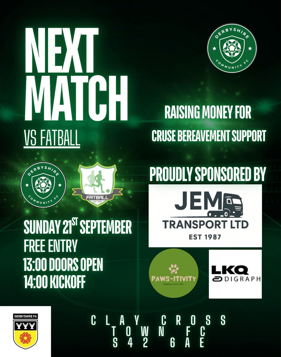 𝗜𝗧'𝗦 𝗚𝗔𝗠𝗘𝗪𝗘𝗘𝗞!

This Sunday – Clay Cross Town Football Club.
2PM Kick-Off
FREE ENTRY for everyone
Raising money in support of #CruseBereavementSupport

Comments from chairman, <a href="/InducedChip/">InducedChip</a>, and manager @tomkemp2430 to follow.