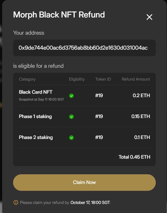 Morph Cards退款和质押奖励可以领取了，注意在一个月内领取完毕！等于黑卡从ETH2k锁仓到4k，还能收到额外的质押奖励0.25个ETH！且后续也会继续保留大家的<a href="/MorphLayer/">Morph</a> OG身份，享受发展红利
MorphBlack↴
pay.morphl2.io/blackcard
MorphPlatinum↴
morphl2.io/sbt/
详情medium.com/p/morph-black-…