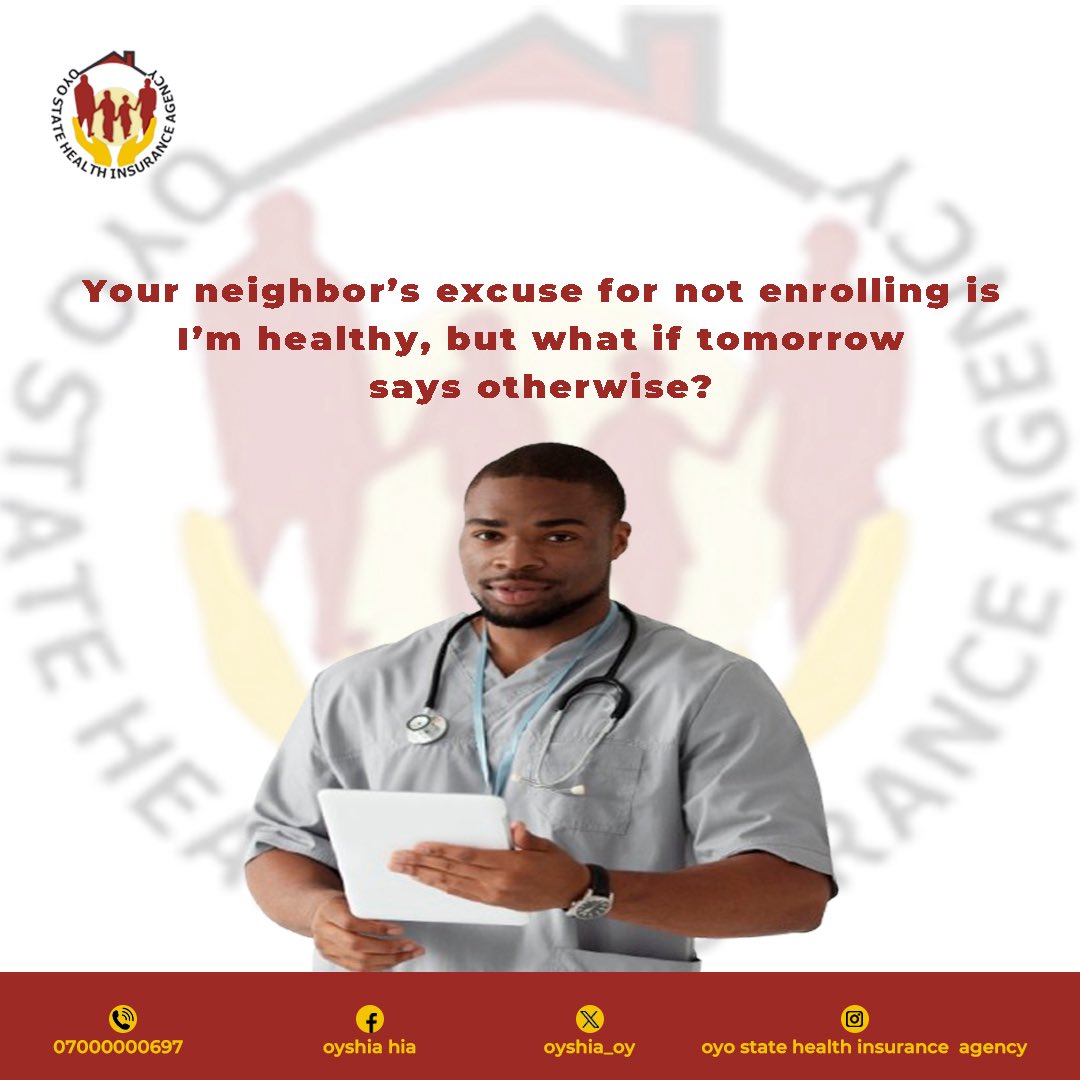 Being healthy today does not stop tomorrow from bringing surprise.

Don’t wait till sickness knock before you act.

📞 07000000697 | 🌐 oyshia.oy.gov.ng | 💬 DM now to get covered.

#GetCovered
#ActNow
#Oyshia
#AffordablePlans