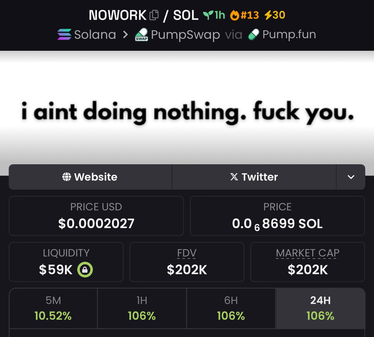 I like the token $NOWORK token chart looks progressive and also after the correction the token is actively growing but , the token is new so there are risks , remember this!

CA: 5PpWbYsDosMGEre1PThdXhHjN85S1RX7fsLMDRi3pump