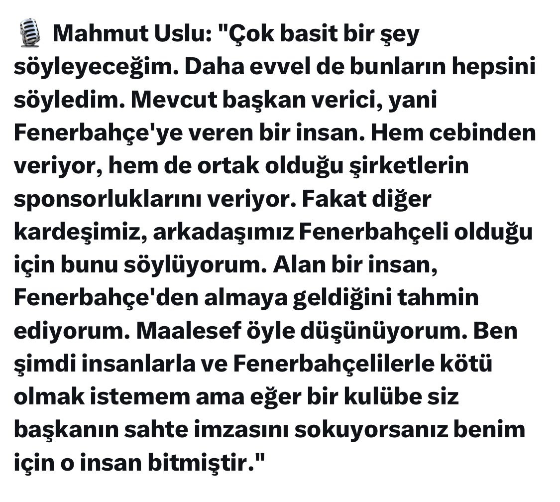 Aslolan Fenerbahçe’dir. Mahmut Uslu bunu net olarak ifade etmiş. Bugüne kadar Ali Koç’u en ağır eleştirenlerden birisi Mahmut Uslu’dur. Ama o ne dedi, başarısız dedi, şampiyonluk yok dedi. Bugün geldiğimiz noktada ise Fenerbahçe’nin değerleri söz konusu olduğunda hemen