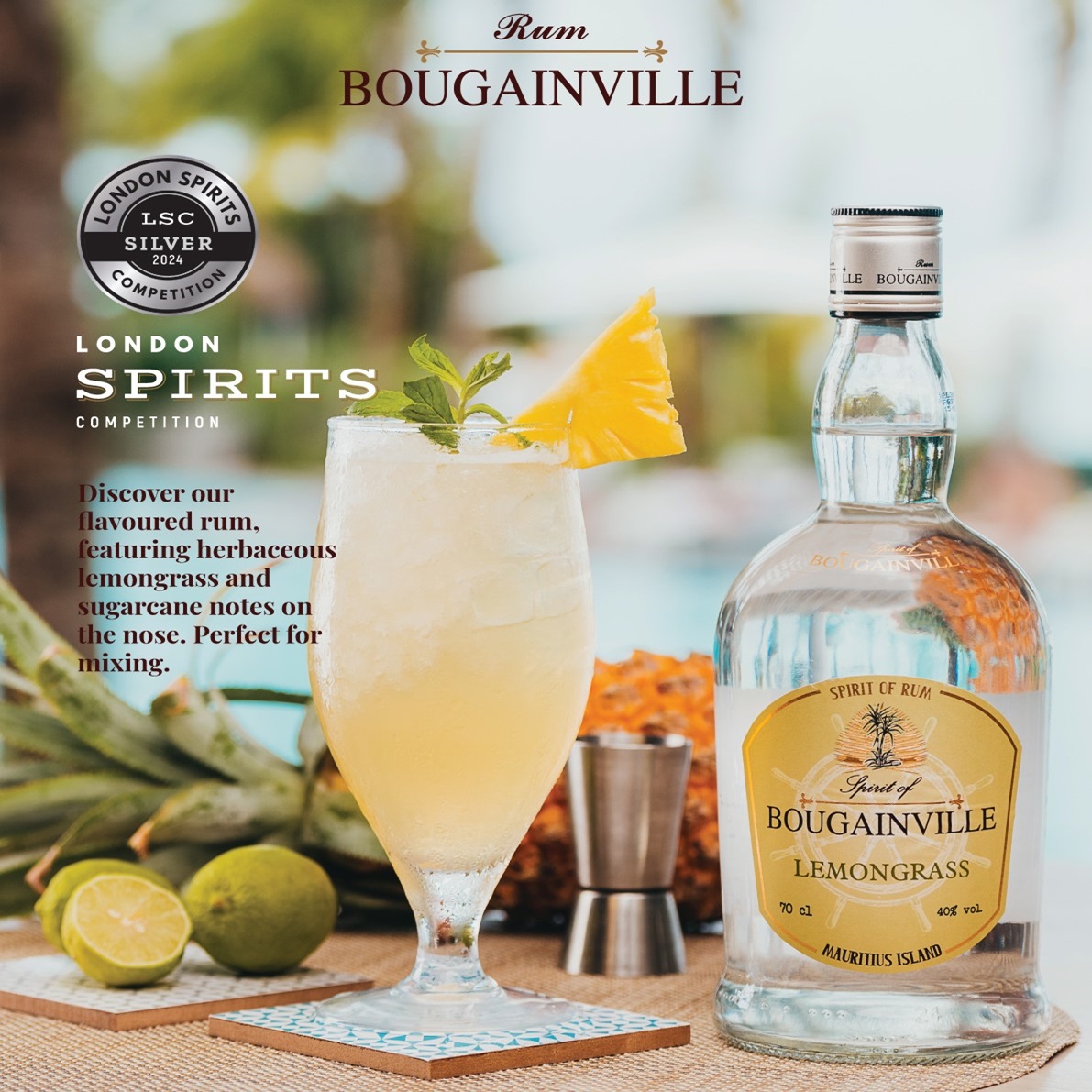 Thursday with Bougainville Lemongrass 🌿🍹 A vibrant Mauritian rum infused with citrus zest &amp; spice, perfect with pineapple for a tropical escape.

50ml Bougainville Lemongrass Rum
80ml fresh pineapple juice
15ml lime juice
10 ml sugar syrup
Dash of soda water