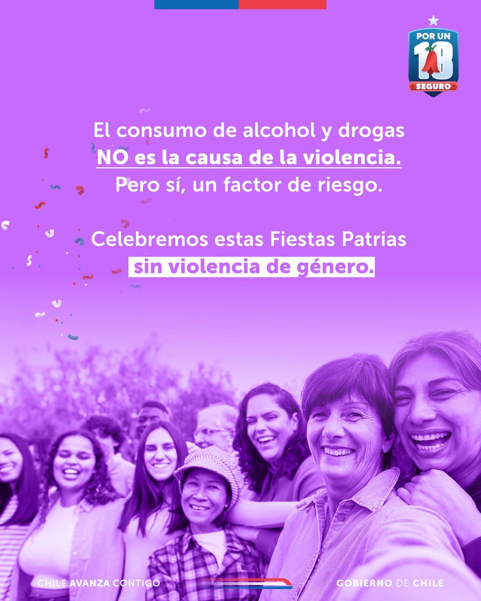 ❌ El consumo alcohol no es la causa, la violencia de género no se justifica en ningún contexto
🇨🇱 Celebremos estas Fiestas Patrias libres de violencias.

👉🏼Para denunciar casos de violencia, llama directamente al 133 <a href="/Carabdechile/">Carabineros de Chile</a>  o al 134 de la <a href="/PDI_CHILE/">PDI Chile</a>