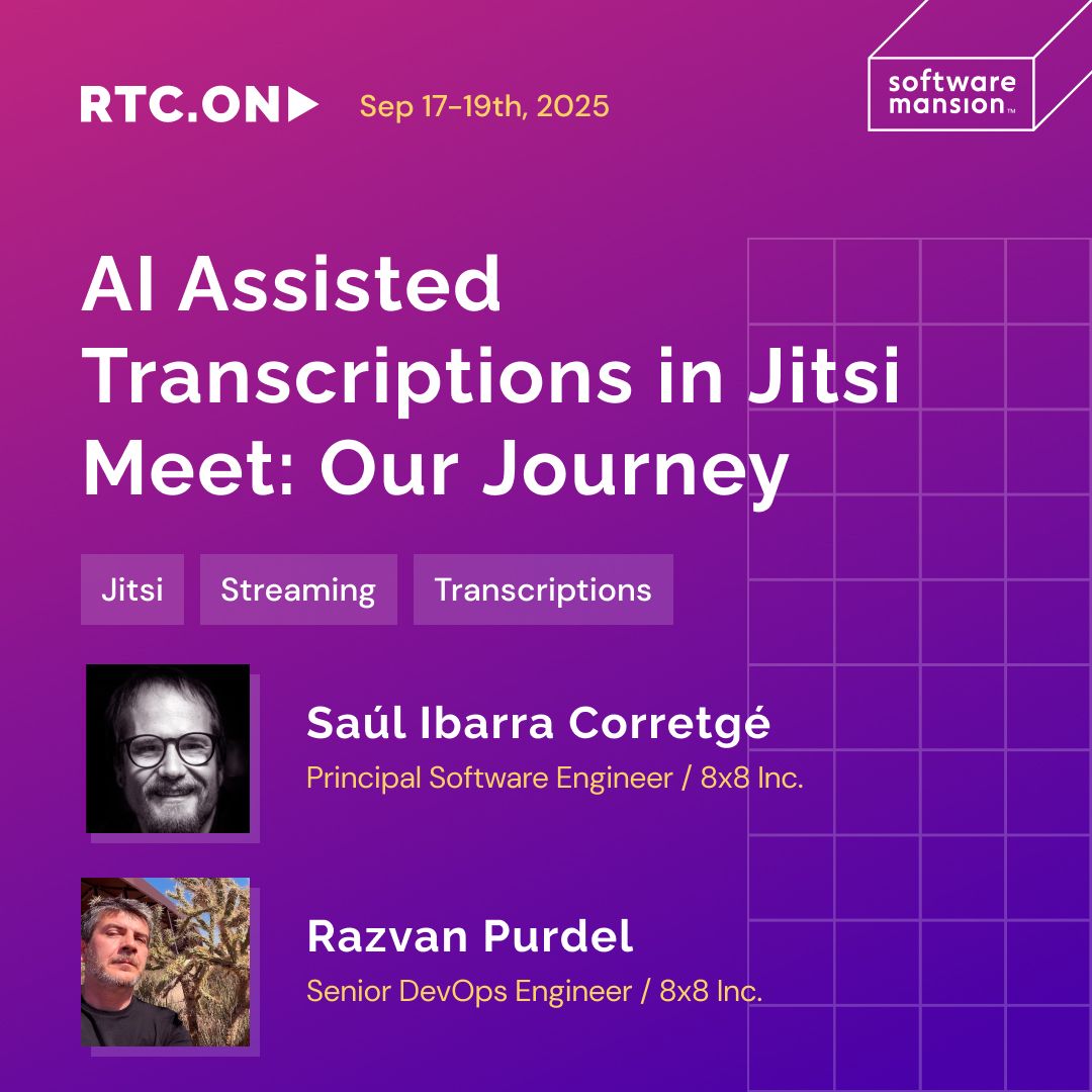 saghul's tweet image. On my way to #RTC.ON! Together with Razvi  we’ll be speaking about our journey in AI assisted transcriptions in #Jitsi Meet.