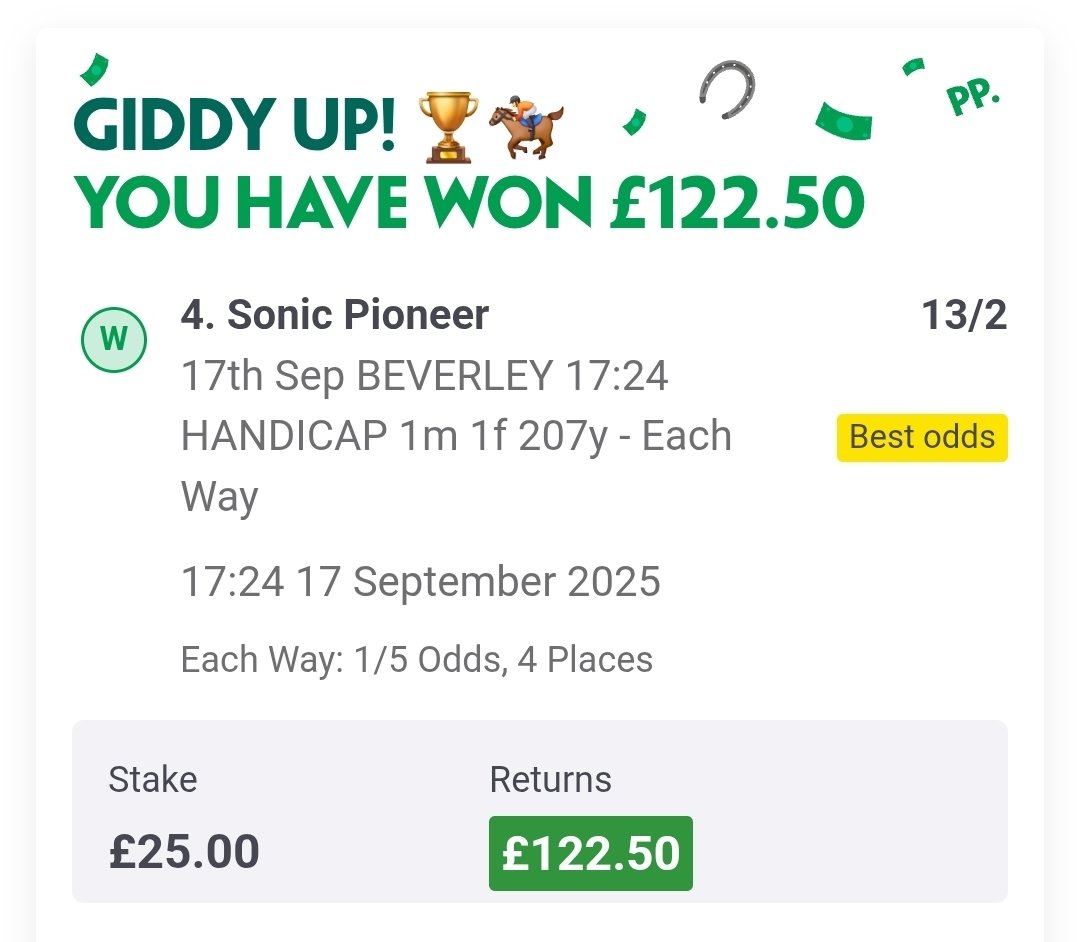 KautoTipster's tweet photo. 💥 SONIC PIONEER STRIKES at 13/2 💥

That’s how it’s done 👊 Another winner for Kauto Racing Club 🏇����

Some missed out after not jumping on the free tip earlier… FOMO is real 🚨
Don’t let it happen again 👉 https://t.co/U9siPHQ2kH

Drop those winning slips 📸💷

#HorseRacing #Tips #KautoTipster #Beverley