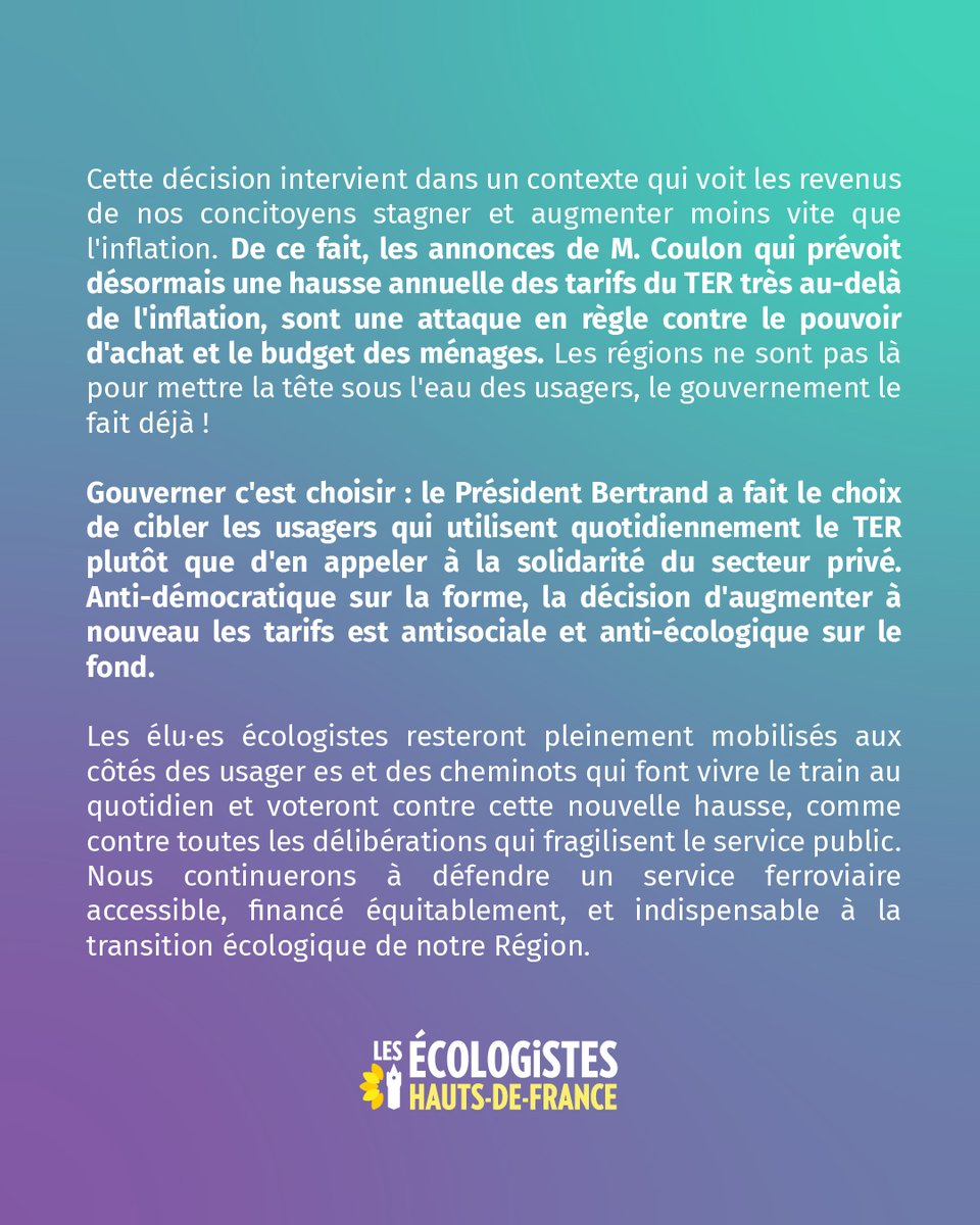 Nouvelles hausses des tarifs TER annoncées par la majorité régionale chaque année jusque 2028 🚨

Les élu·es écologistes dénoncent un affront aux usager·es, déjà frappé·es de plein fouet par la casse du service public ferroviaire.

#directHDF