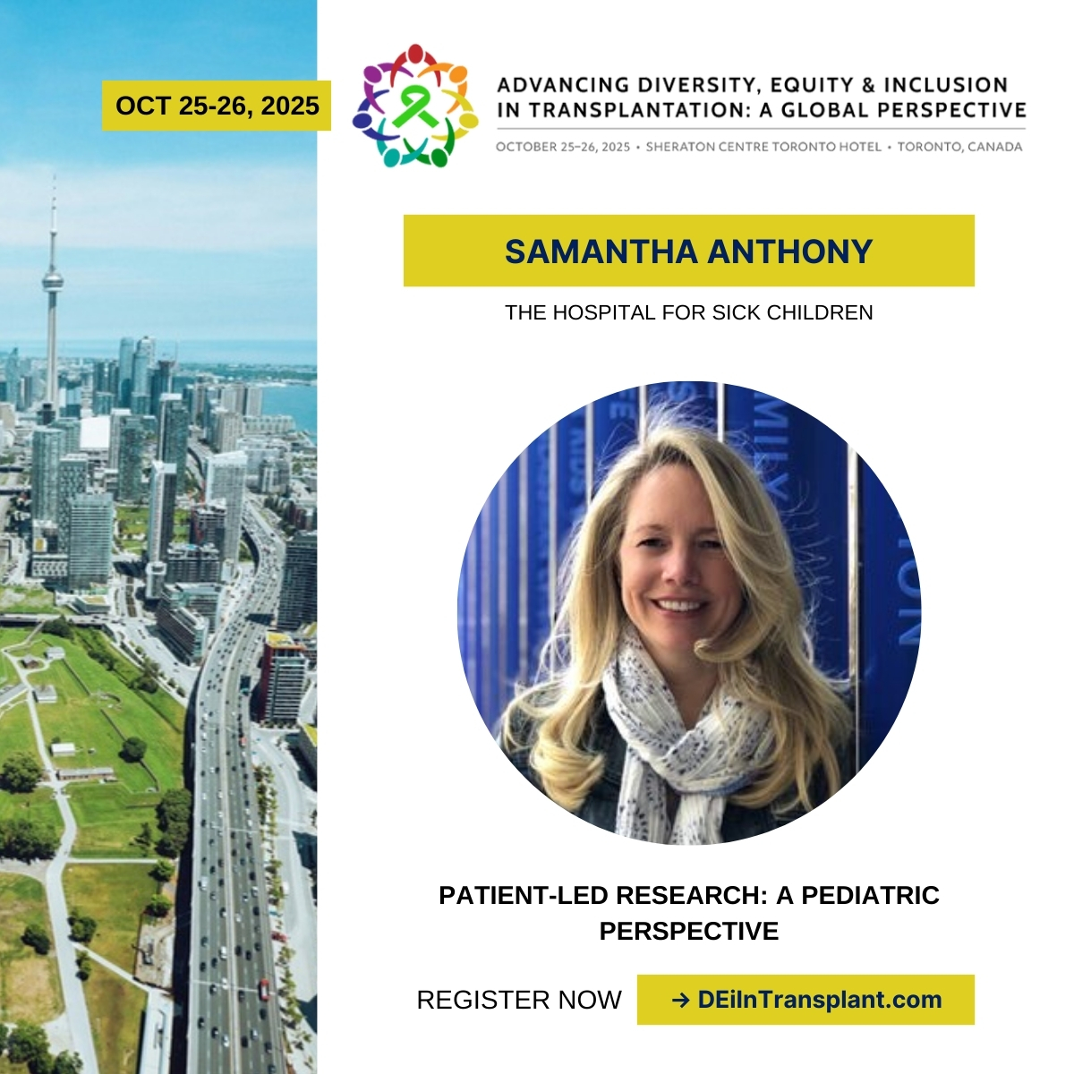 DEIinTransplant's tweet image. Excited to hear Dr. Samantha Anthony - @AnthonyLabSK @SickKidsNews at #DEIinTransplant2025 in Toronto! Her talk, Patient-led research: a pediatric perspective, explores co-led research &amp;amp; eHealth in chronic disease care. 
Join us Oct 25–26 in Toronto 🌐 vist.ly/47636
