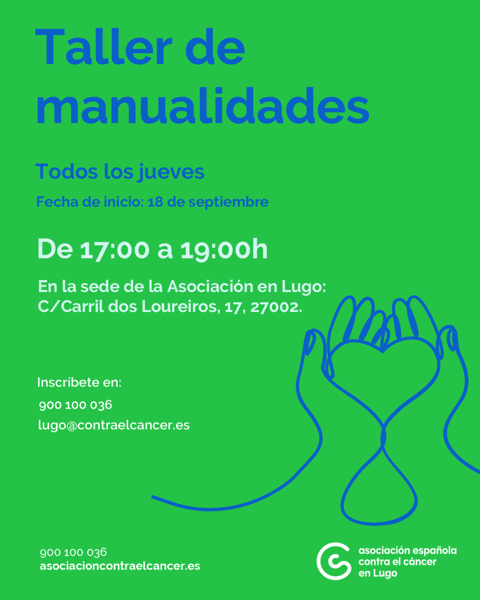 TALLER DE MANUALIDADES EN LUGO‼️

📌 Todos los jueves. Fecha de inicio: mañana, 18 de septiembre.
🕦 De 17:00 a 19:00h
📍 En la sede de la Asociación en Lugo: C/Carril dos Loureiros, 17, 27002.

Inscríbete en:
☎️ 900 100 036
📩 lugo@contraelcancer.es