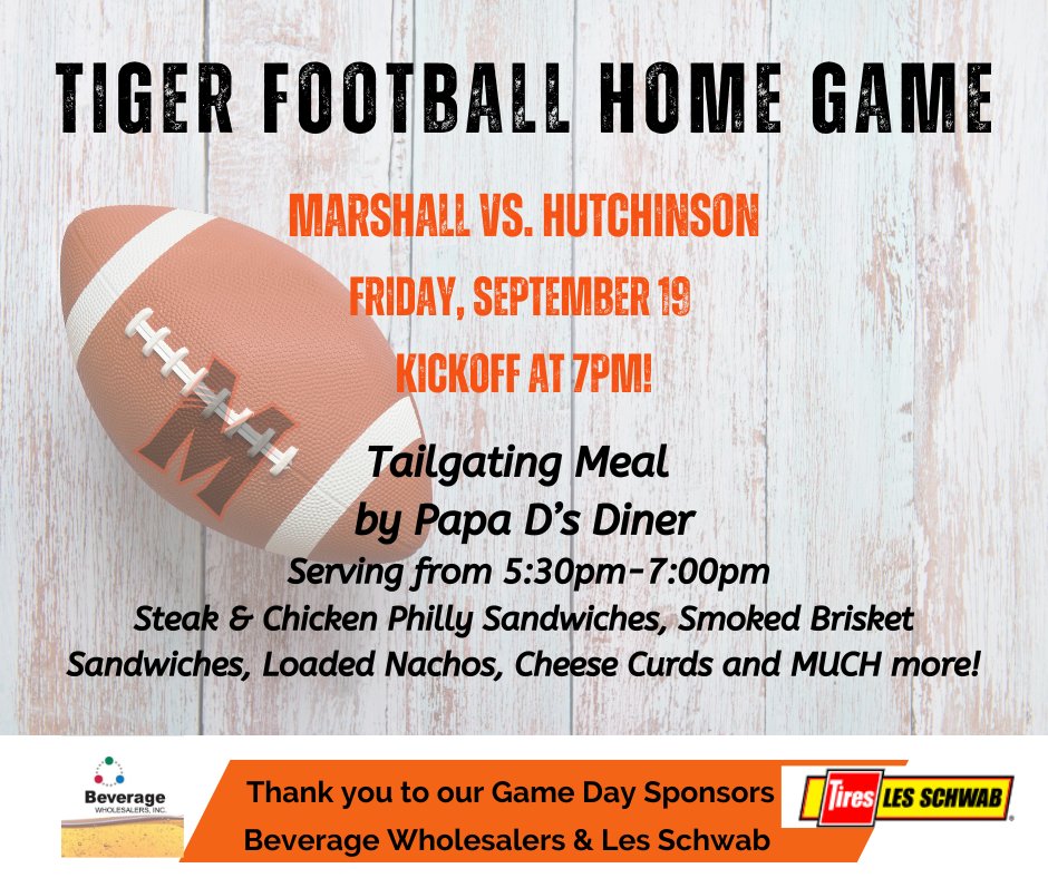 Marshall Tiger Football (@mhstigerftball) on Twitter photo 📣Marshall Tiger HOME Football game is on Friday, Sept. 19 @ 7pm! Come out and tailgate before the game with Papa D's Diner food truck! Let's go Tigers!🏈 📣Marshall Tiger HOME Football game is on Friday, Sept. 19 @ 7pm! Come out and tailgate before the game with Papa D's Diner food truck! Let's go Tigers!🏈