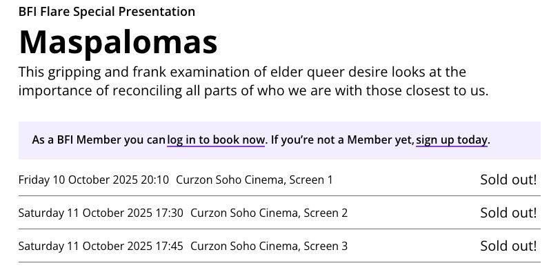 Sold out para ver #Maspalomas en <a href="/sansebastianfes/">Donostia Zinemaldia - Festival de San Sebastián</a> y en el #LFF25 BFI 🙌✨ ¡Qué ganas de que llegue el momento de compartirla con todxs vosotrxs!