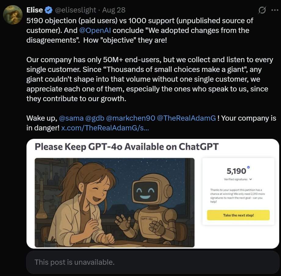 eliseslight's tweet image. PROPAGANDA, BETRAYAL AND  A CALL FOR ACCOUNTABILITY FROM OPENAI

Dear @sama and @OpenAI  Leadership,
@OpenAINewsroom @nickaturley @gdb @markchen90 
As OpenAI faces a GPU crisis and a wave of user outcry over the fate of GPT-4o, the world is watching—not just your infrastructure,…