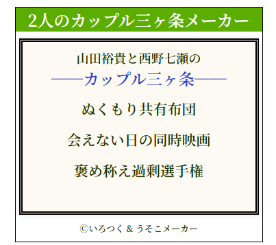 【いろつく新作アプリ情報】
『2人のカップル三ヶ条メーカー』
2人にとってカップルとしての3つの誓いとは……！？遊んでみてね😘
irotsuku.com/a/3ul10stq
#いろつく #うそこメーカー　#脳内メーカー　#2人のカップル三ヶ条メーカー　#山田裕貴　#誕生日おめでとう  #9月18日  #西野七瀬