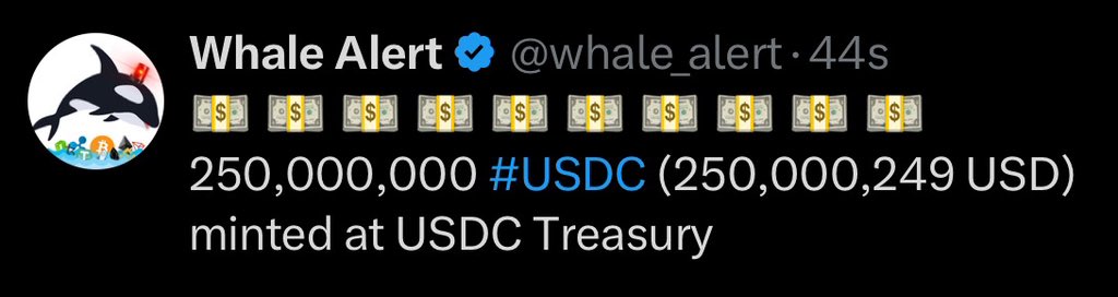 BREAKING:

$250 MILLION USDC JUST MINTED.