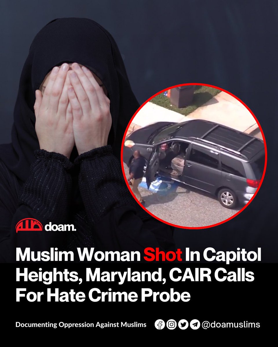 doamuslims's tweet photo. 🚨 Muslim woman injured after being shot in Capitol Heights, Maryland, USA

A Muslim woman was injured after being shot in Capitol Heights, Maryland, on Monday, in an incident that her family and a local advocate group claimed was a hate crime. 

Police said a woman was found shot on the 500 block of Richie Road shortly before 1 p.m. and taken to the hospital for non-life-threatening injuries. 

In a statement from the Council on American-Islamic Relations (CAIR), the group said the woman, who was wearing the Niqab, was shot at several times while she was leaving a shopping area.

The victim’s brother said she was struck in the left arm and believes the gunman may have been aiming for her head.

"After she realised she was being shot at and got shot in her left arm, he seemed to want to aim for the head. So she started covering her head with her left side. And thank God she had enough strength and courage to duck in that situation,” he said. 

Police said the suspect fled and an investigation is ongoing.