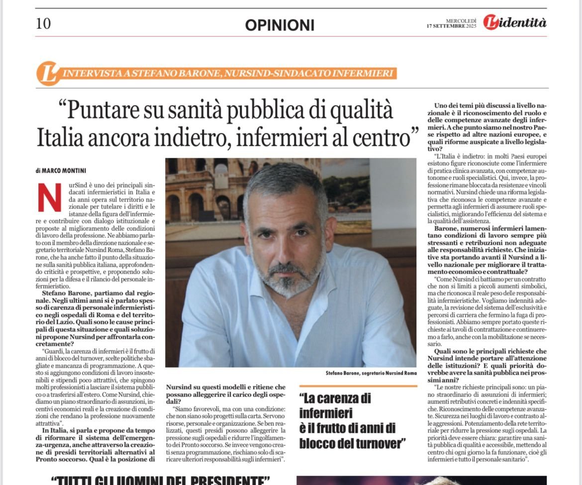 stefanobarone08's tweet photo. 📰 Oggi sul quotidiano @lidentita ho voluto ribadire con forza alcuni punti fondamentali riguardo la carenza di infermieri, i loro stipendi e le condizioni di lavoro @NurSind_Roma
#NurSind #Infermieri #SanitàPubblica #StefanoBarone #Roma #Lazio https://t.co/bZi2Y74Y9f