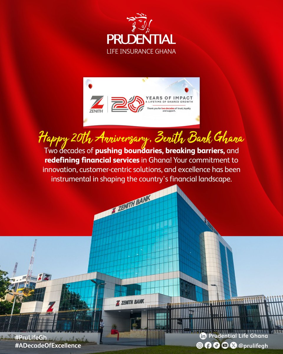 PruLifeGhana's tweet image. Prudential Life Insurance Ghana Limited is delighted to join in celebrating the 20th anniversary of Zenith Bank (Ghana) Limited 🎈

Here&apos;s to many more years of growth, success, and redefining financial services in Ghana!

#Bancassurance
#PruLifeGH
#BeyondBoundaries