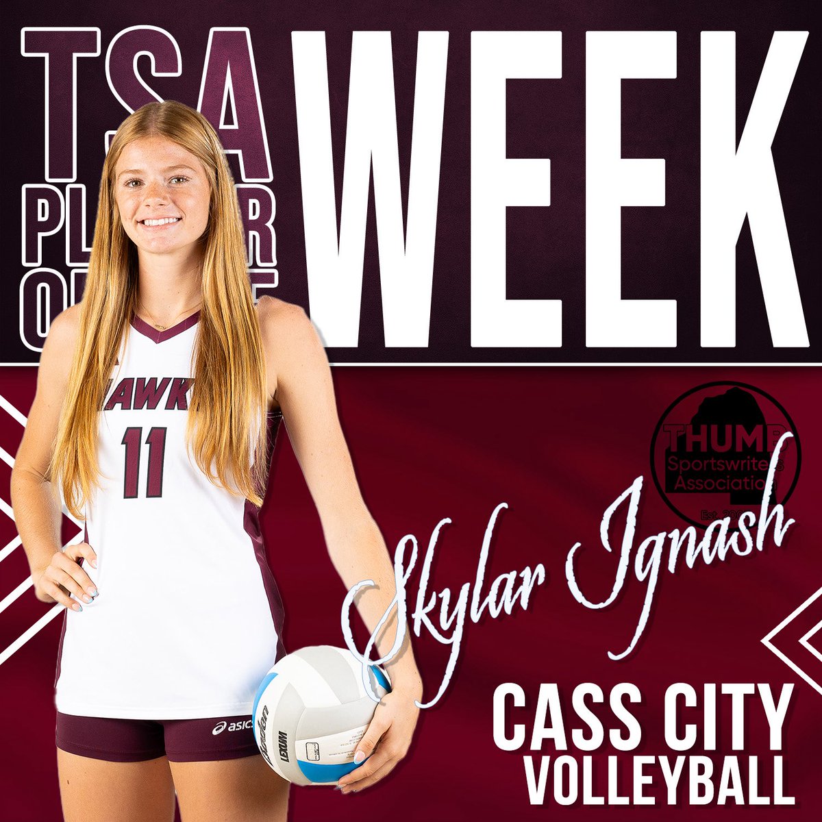 In a victory over Reese to begin Big Thumb White Division play, Cass City’s Skylar Ignash recorded 2 aces, 21 kills, 31 digs and 1 block.

For her efforts, she is named the TSA’s Volleyball Player of the Week.