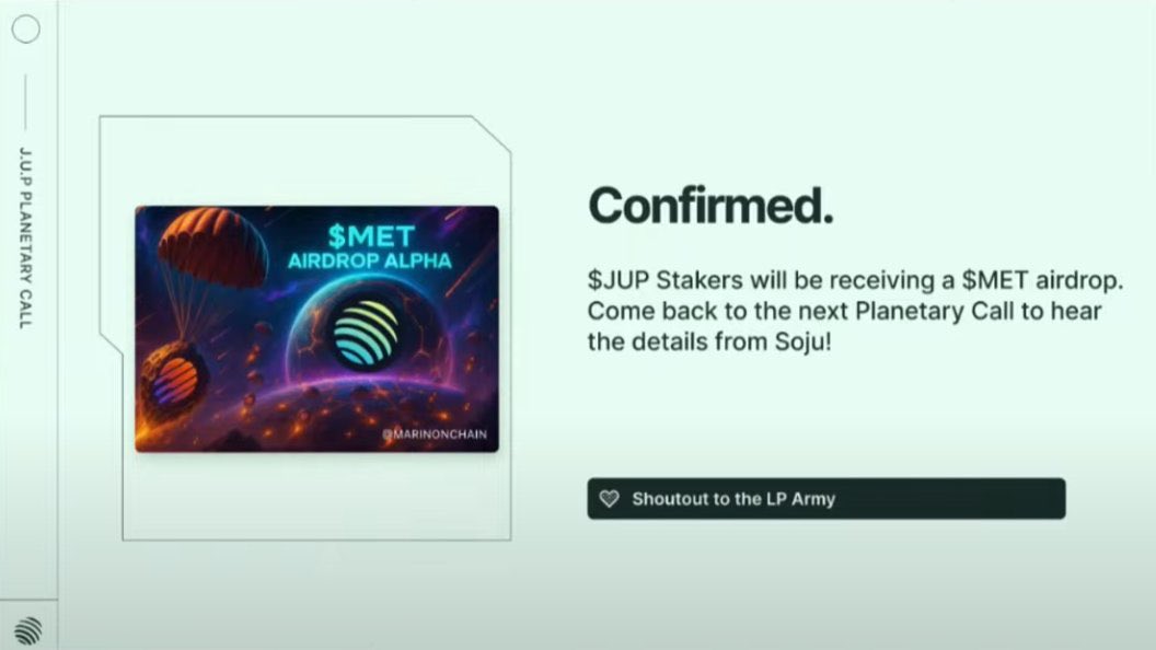 $JUP stakers will receive a $MET airdrop!

The airdrop allocation won’t just reward how much you stake, but also how long you’ve been committed

-Larger stake = larger allocation
-Time-weighted staking = longer commitment, bigger rewards

All details will be unveiled during the