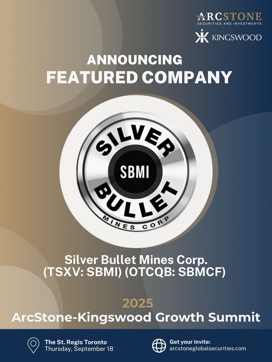 We’re excited to welcome Silver Bullet Mines as a Featured Company at the ArcStone-Kingswood Growth Summit 2025! 
Join us on September 18th at The St. Regis Toronto.
Get your invite: bit.ly/ArcStoneSummit 
#ArcStone #Kingswood #AtlasSalt #FeaturedCompany #GrowthSummit