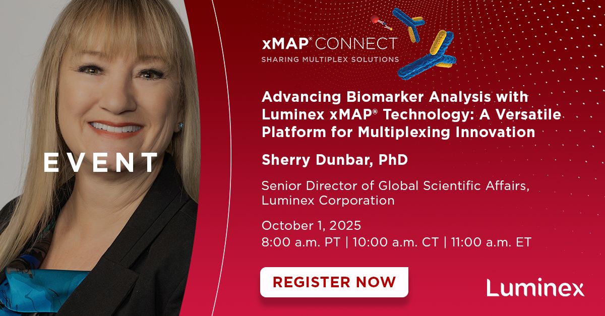 You're invited to an upcoming presentation on <a href="/Luminex/">Luminex</a> xMAP® Technology! Join Dr. Sherry Dunbar on Oct 1 to explore how #xMAP enables high-throughput biomarker analysis and supports next-generation diagnostics &amp; personalized medicine.  

Register: buff.ly/Y6eKa93