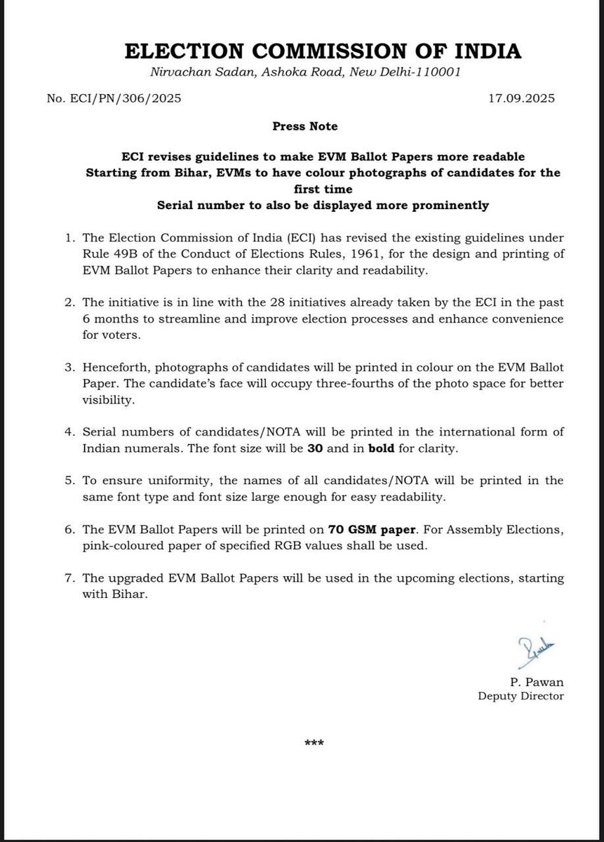 CeoRajasthan's tweet image. 👉#ECI ने #EVM मतपत्रों को अधिक पठनीय बनाने के लिए दिशानिर्देशों में संशोधन किया है
👉#बिहार से शुरू होकर, ईवीएम में पहली बार उम्मीदवारों की रंगीन तस्वीरें होंगी।
👉क्रम संख्या को भी अधिक प्रमुखता से प्रदर्शित किया जाएगा।
@ECISVEEP 
@CeoRajasthan 
@DIPRRajasthan 
#MediaCoverage