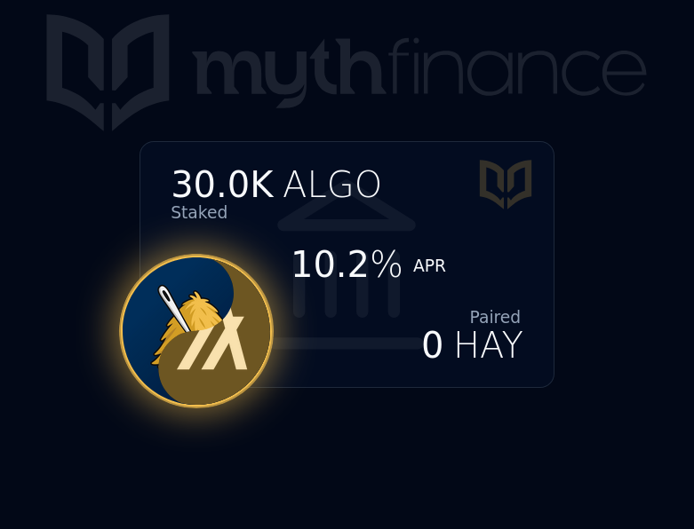 Myth Finance (@myth_finance) on Twitter photo The 3rd $HAY <a href="/haydotapp/">Haystack</a> bench is live:
myth.finance/bench/7
👉Check the price on DEX before you buy from bench: $HAY is currently trading at $0.05
❕Want more $HAY? dualSTAKE hayALGO is now live, with a small introductory farm.
Stake ALGO > Earn HAY @ ~10.2% while farms The 3rd $HAY <a href="/haydotapp/">Haystack</a> bench is live:
myth.finance/bench/7
👉Check the price on DEX before you buy from bench: $HAY is currently trading at $0.05
❕Want more $HAY? dualSTAKE hayALGO is now live, with a small introductory farm.
Stake ALGO > Earn HAY @ ~10.2% while farms
