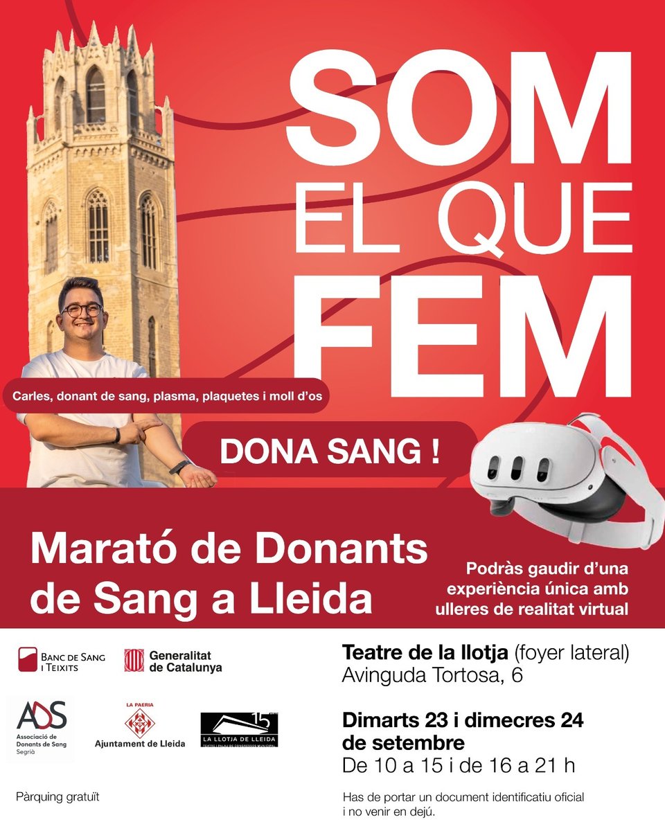 📢 ‼️Marató de Donants de Sang a Lleida!
El 23 i 24 de setembre a La Llotja (10-15 i 16-21h).
Aparcament gratuït pels donants.

*Tenim un repte!* Arribar a les 6️⃣0️⃣0️⃣ donacions de sang i plasma. Ens ajudes?❤️

👉 Cada donació pot salvar fins a 3 vides.

Som el que fem 💪❤️