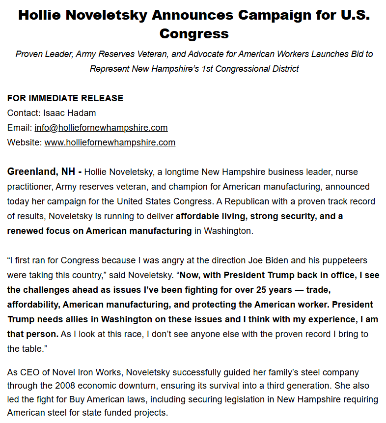 I applaud <a href="/HollieforNH/">Hollie Noveletsky</a> for fearlessly placing trade and the American worker at the forefront of her campaign for Congress. 

I live in NH-01 and I will follow the race closely. A candidate who promotes a pro-American economic agenda has a leg up with me!